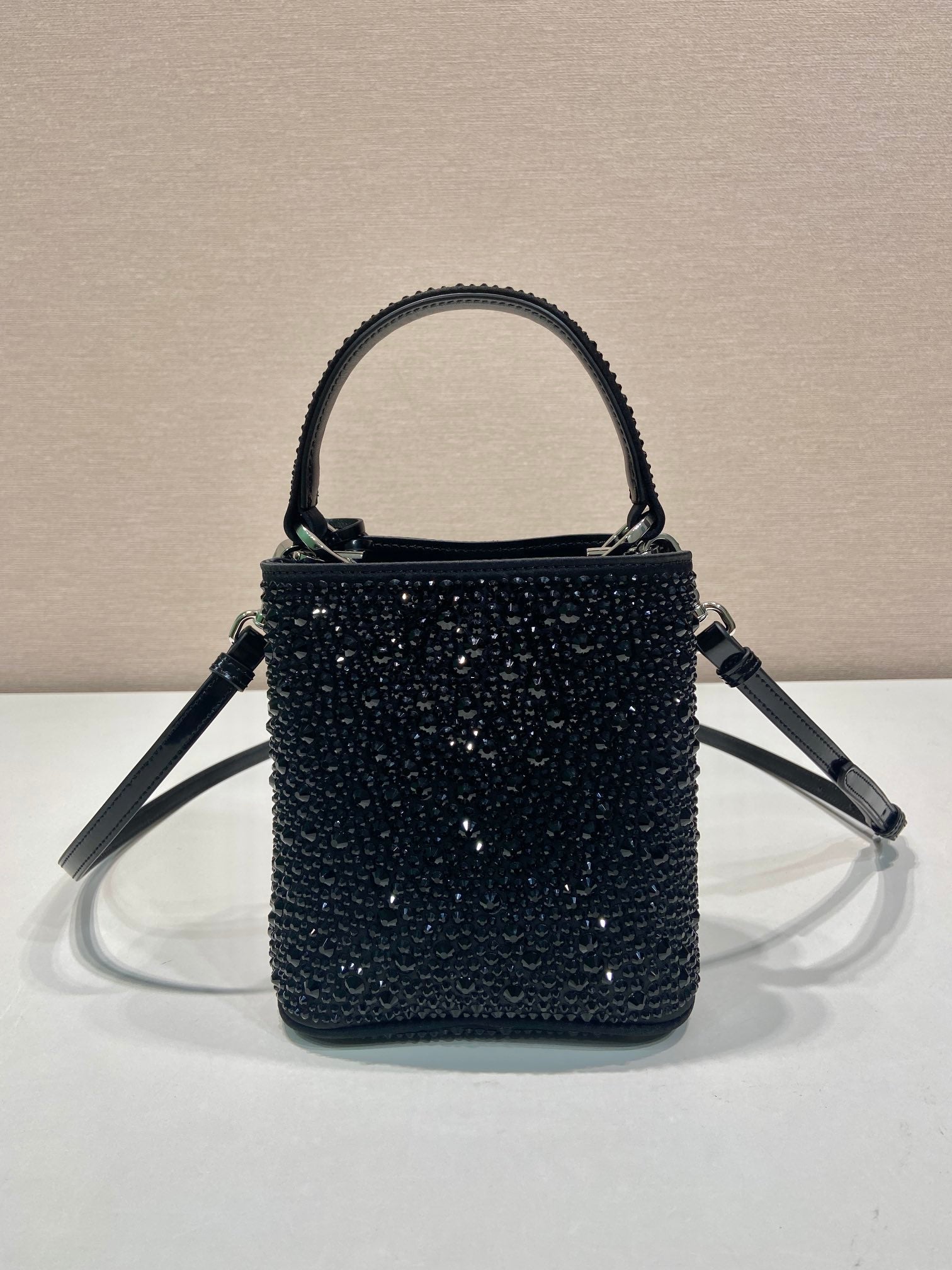 PRADA PANIER BUCKET BAG 16 IN BLACK CALFSKIN ATTACHED FULL CRYSTALS