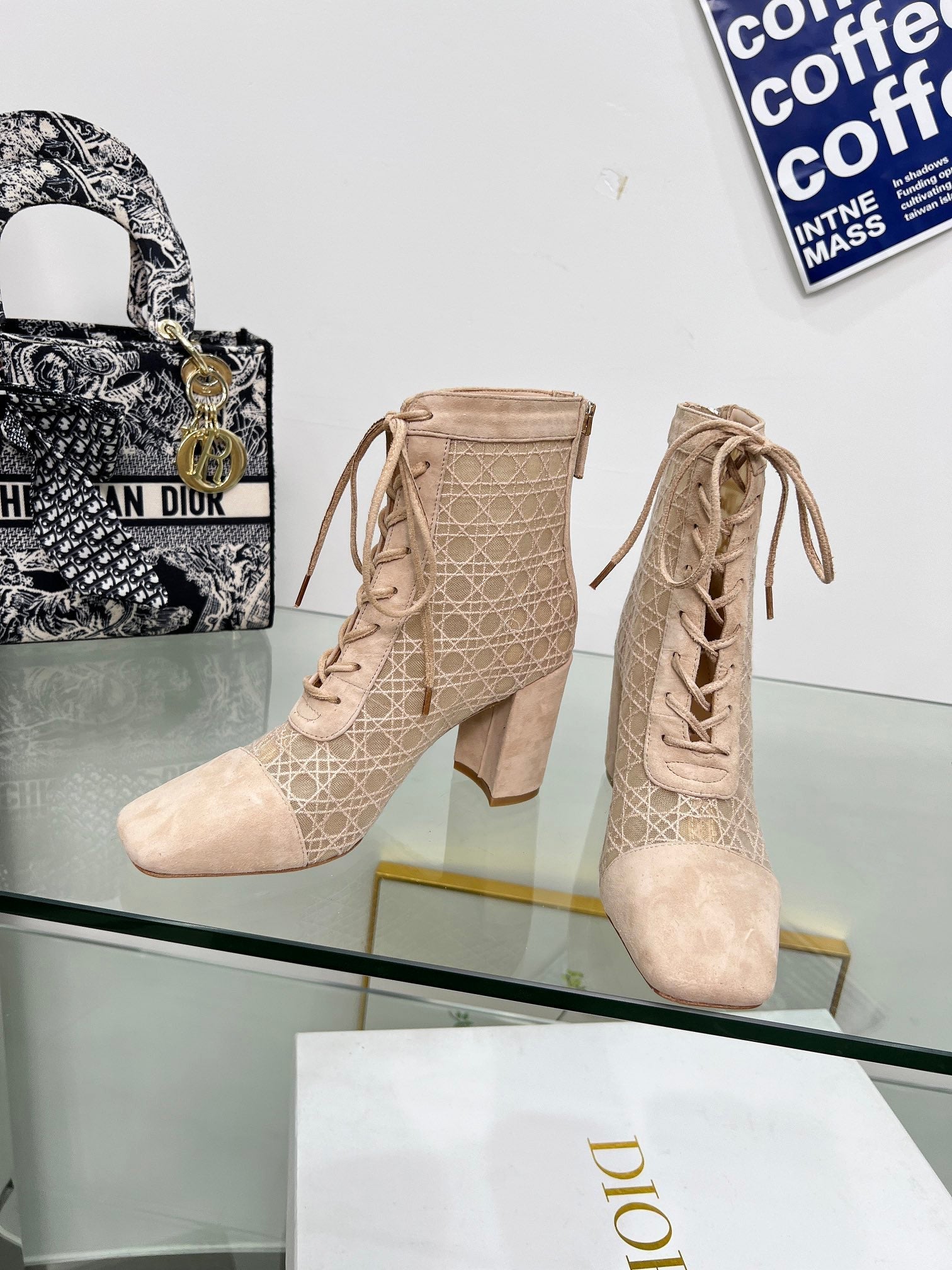DIOR NAUGHTILY-D HEELED ANKLE BOOT IN BISQUE BEIGE CANNAGE MOTIF MESH AND SUEDE 8 CM