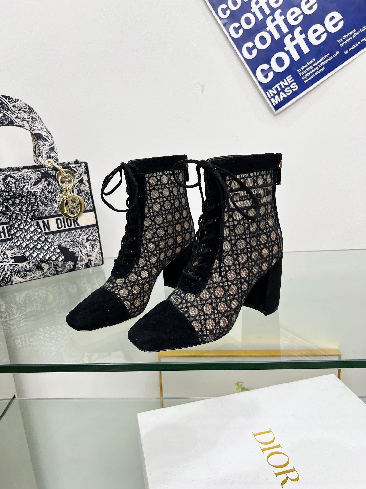 DIOR NAUGHTILY-D HEELED ANKLE BOOT IN BLACK CANNAGE MOTIF MESH AND SUEDE 8 CM