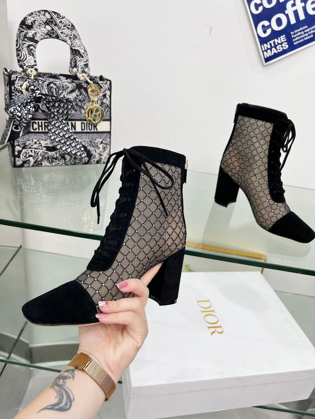 DIOR NAUGHTILY-D HEELED ANKLE BOOT IN BLACK EMBROIDERED MESH AND SUEDE 8 CM