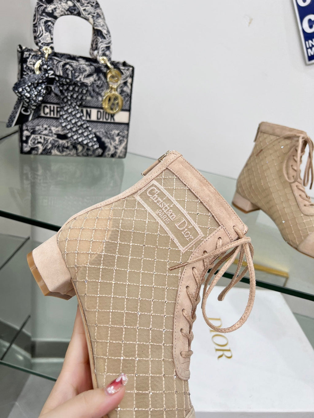 DIOR NAUGHTILY-D HEELED ANKLE BOOT IN BISQUE BEIGE EMBROIDERED MESH AND SUEDE 35 MM