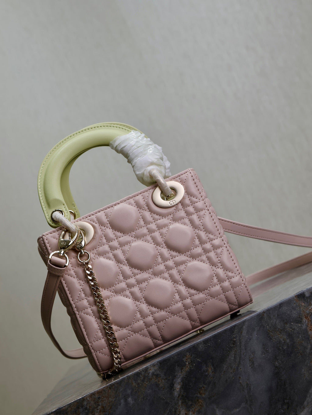DIOR MINI LADY BAG 17 IN BABY PINK QUILTED MACROCANNAGE CALFSKIN SWAMP YELLOW STRAP