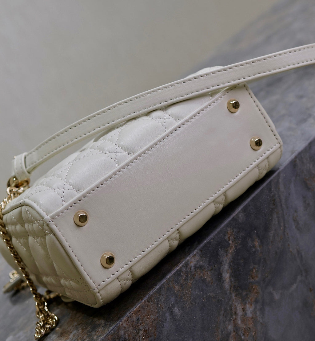 DIOR MINI LADY BAG 17 IN WHITE QUILTED MACROCANNAGE CALFSKIN BLACK STRAP