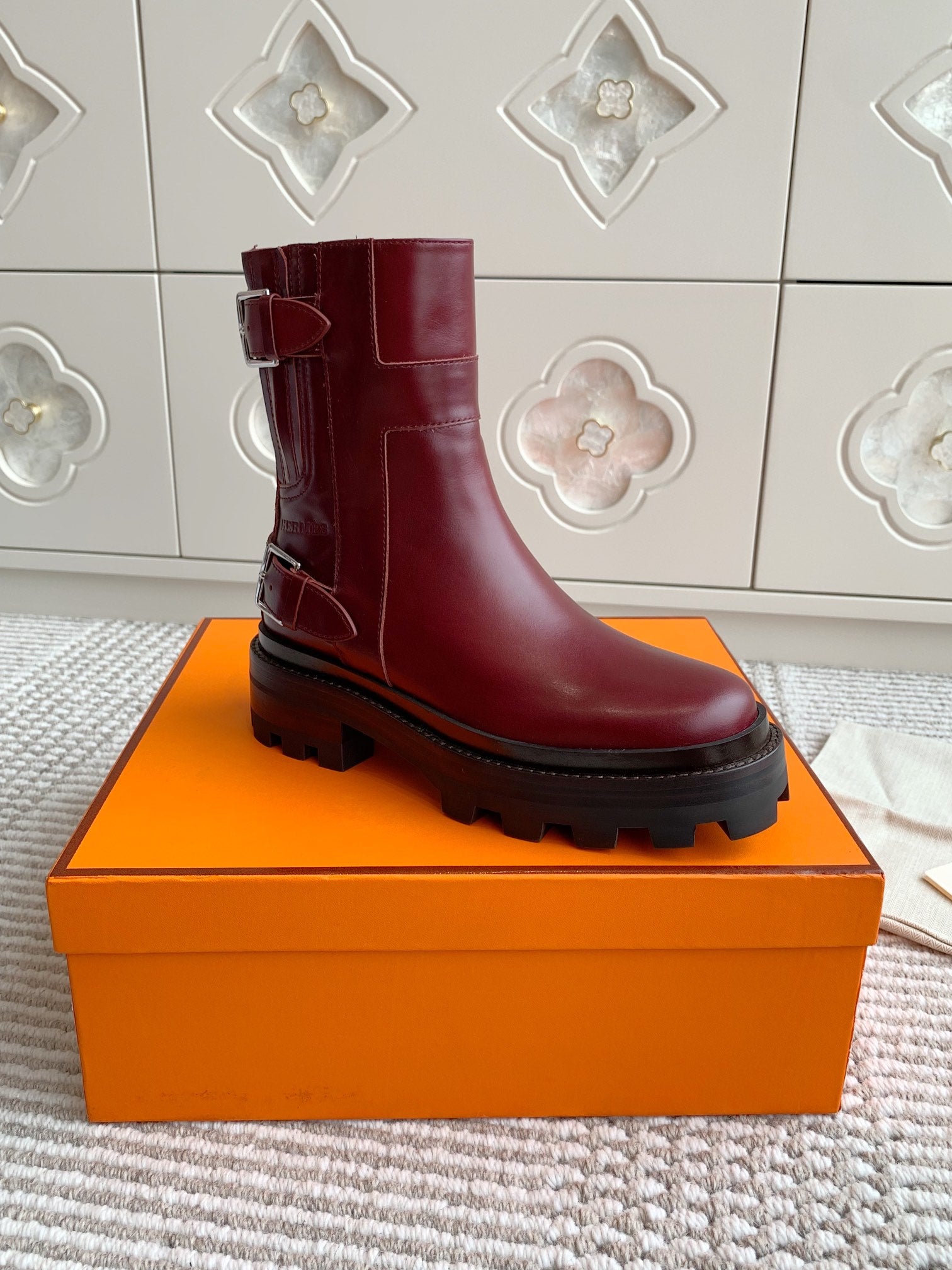 HERMES JAIME ANKLE BOOT IN BURGUNDY RED CALFSKIN