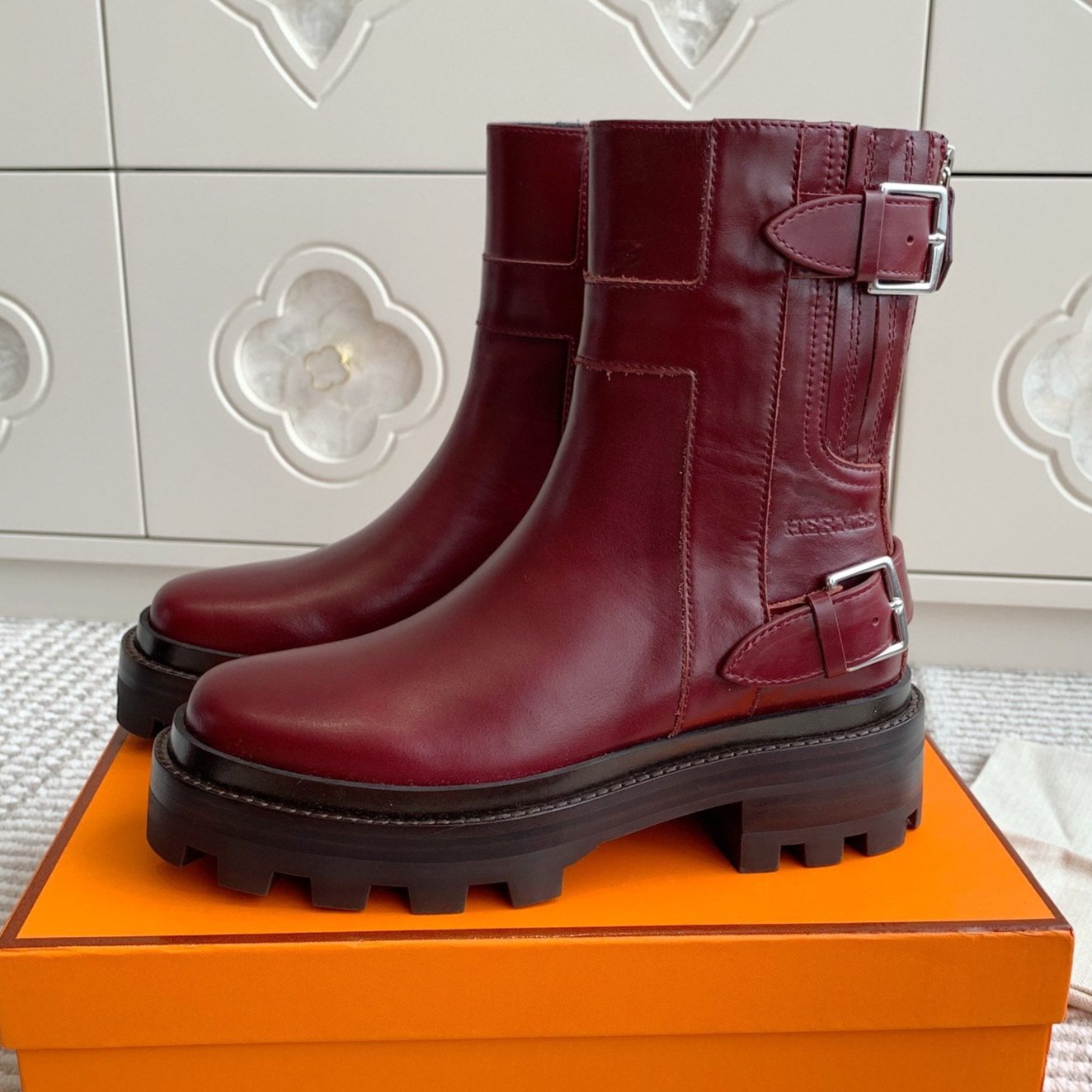 HERMES JAIME ANKLE BOOT IN BURGUNDY RED CALFSKIN
