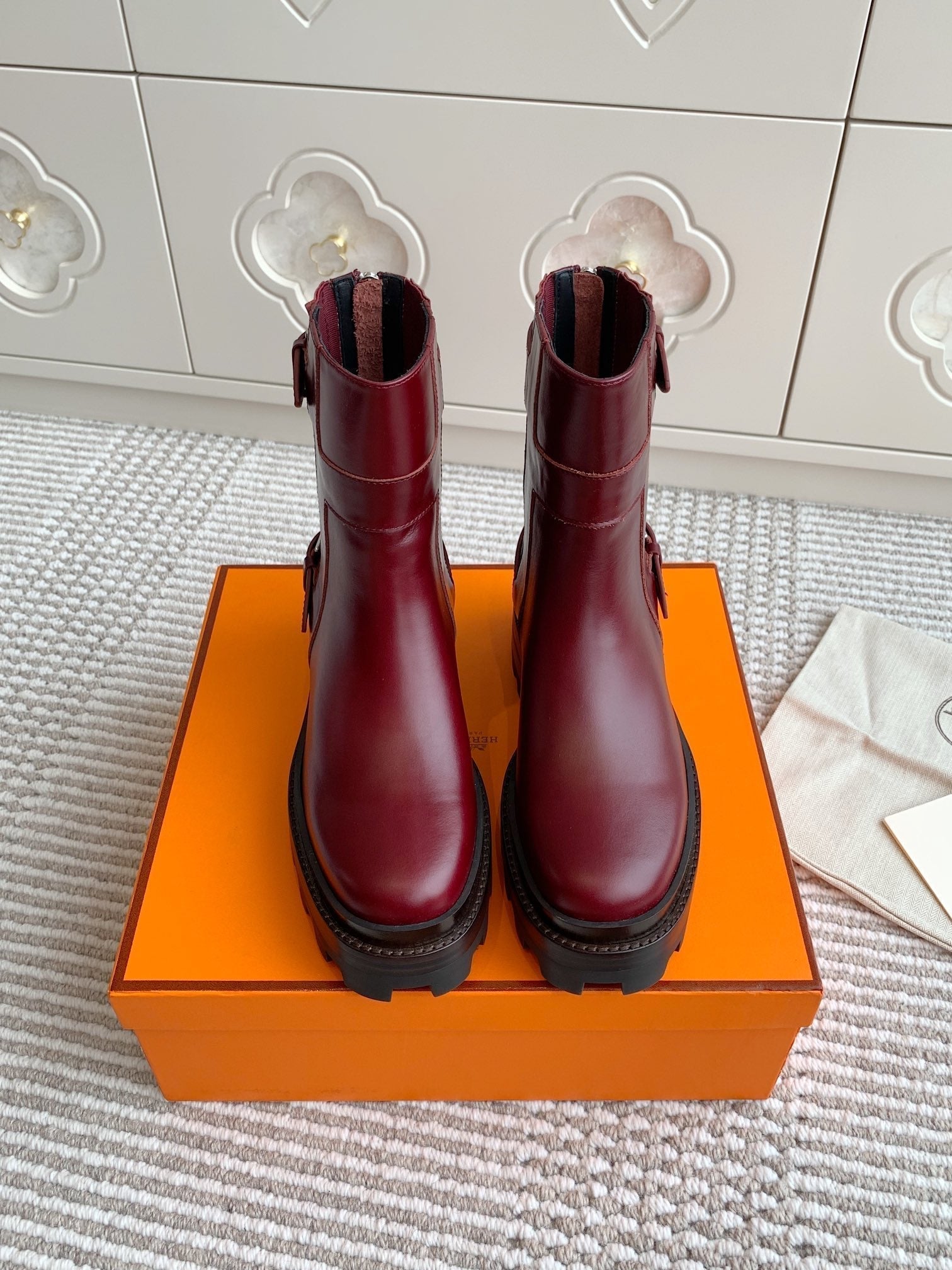 HERMES JAIME ANKLE BOOT IN BURGUNDY RED CALFSKIN