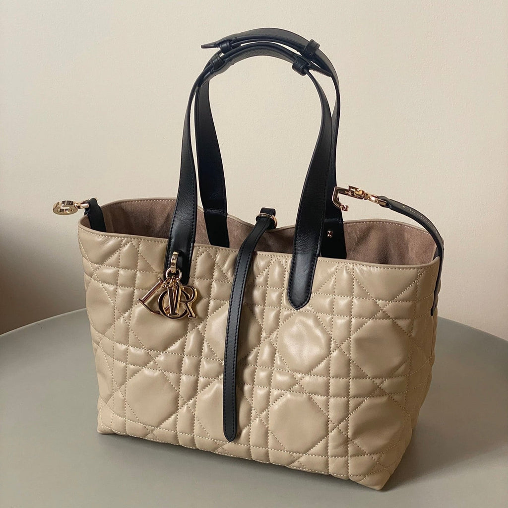 DIOR MEDIUM TOUJOURS BAG 28 IN BEIGE CANNAGE CALFSKIN BLACK STRAP