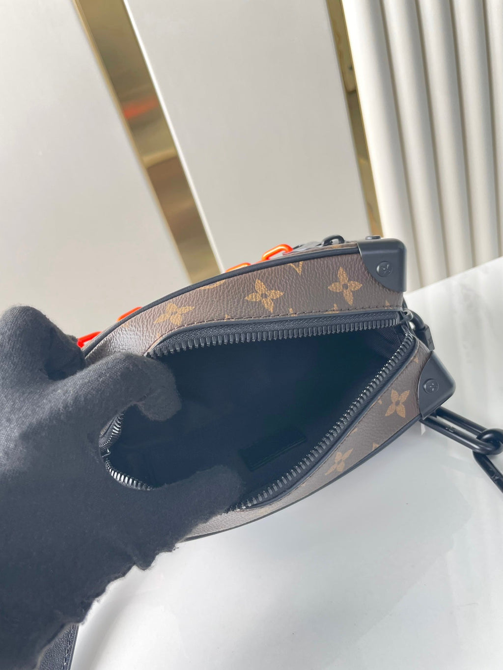 LOUIS VUITTON MINI SOFT TRUNK 18 IN BROWN MONOGRAM CANVAS RED ORANGE CHAIN