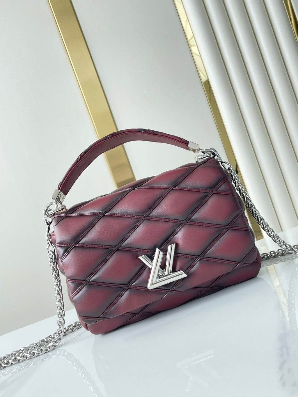 LOUIS VUITTON GO-14 PM 20 IN BORDEAUX RED QUILTED LAMBSKIN GOLD HARDWARE