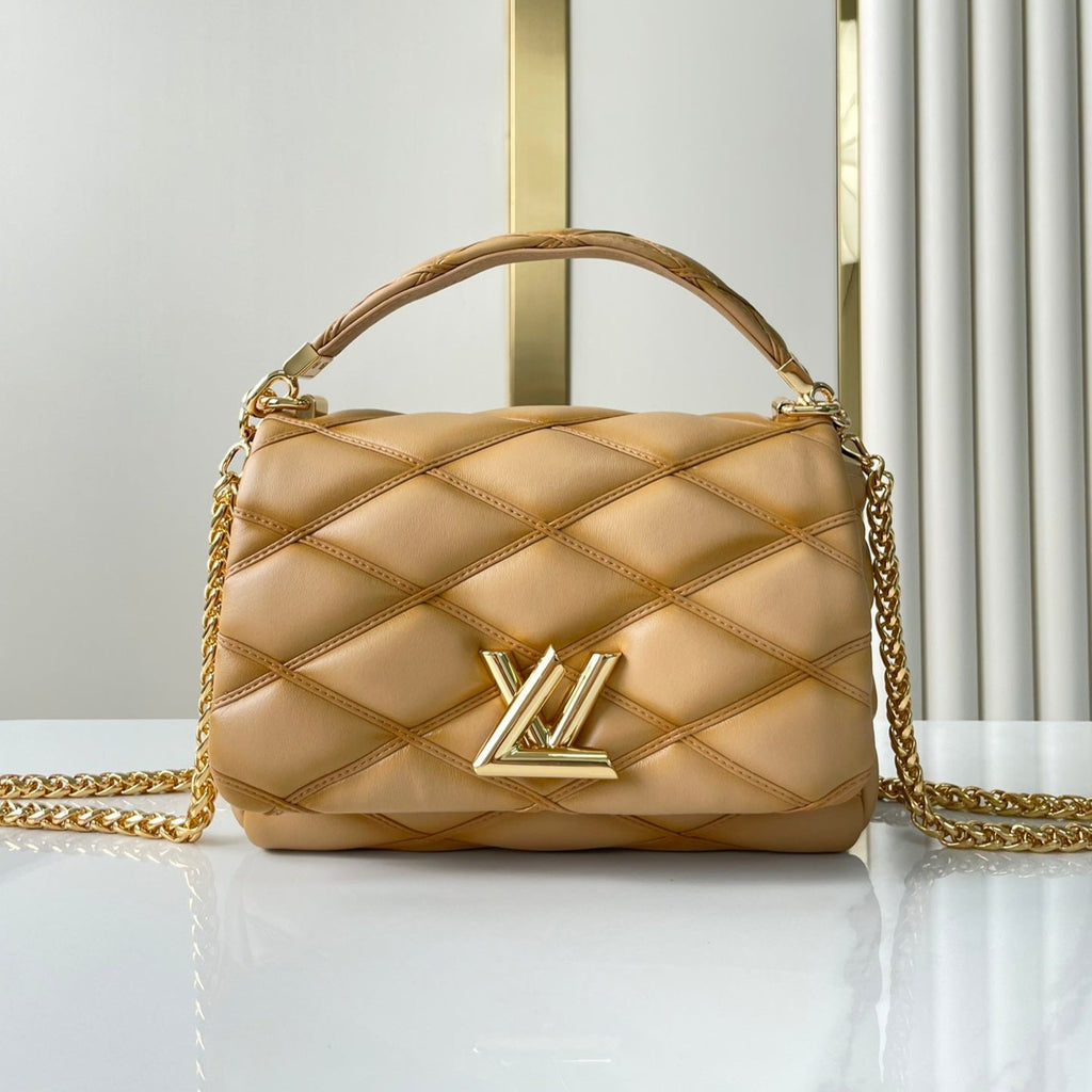 LOUIS VUITTON GO-14 PM 20 IN LIGHT FAWN QUILTED LAMBSKIN GOLD HARDWARE