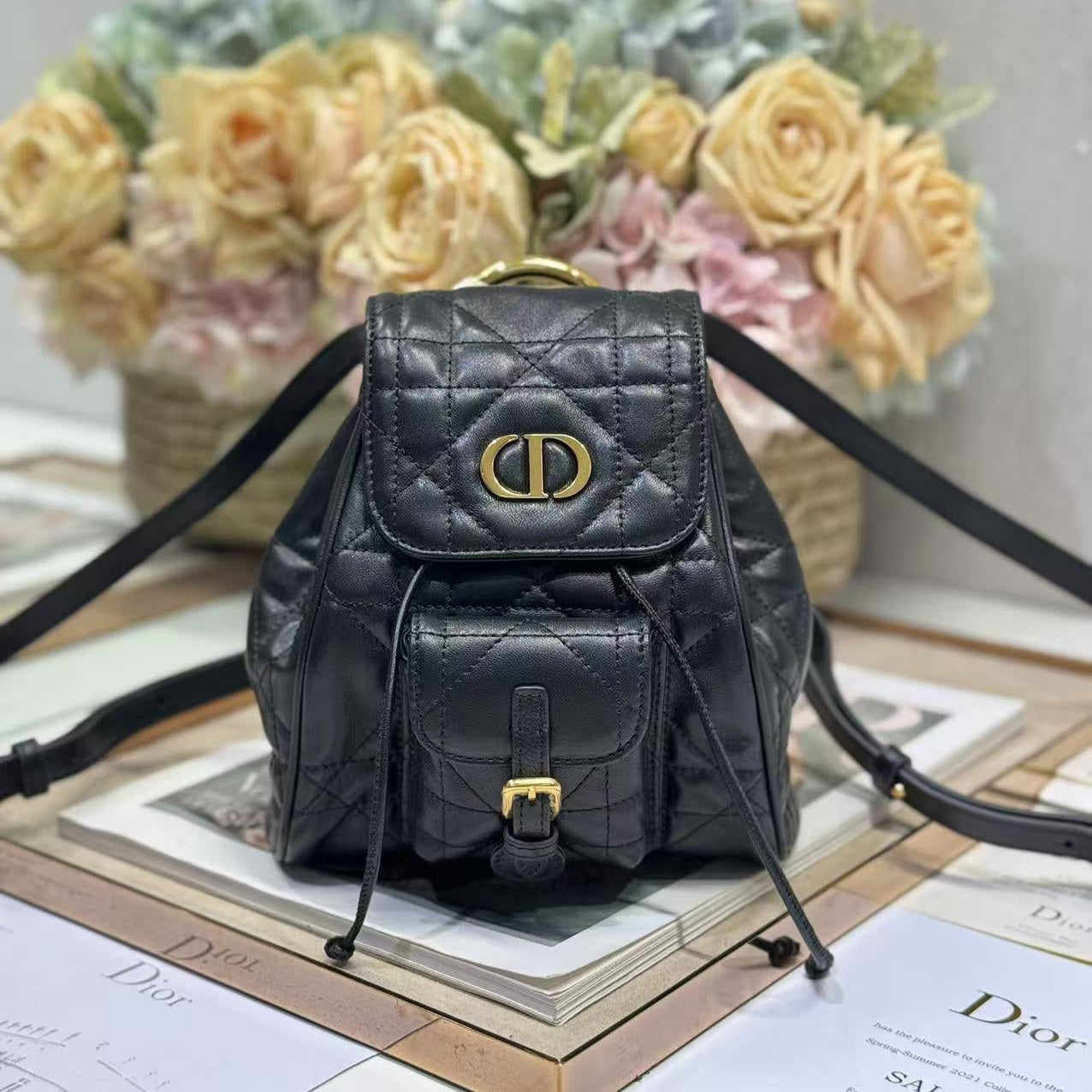 DIOR SMALL CARO BACKPACK 20 IN BLACK MACROCANNAGE LAMBSKIN
