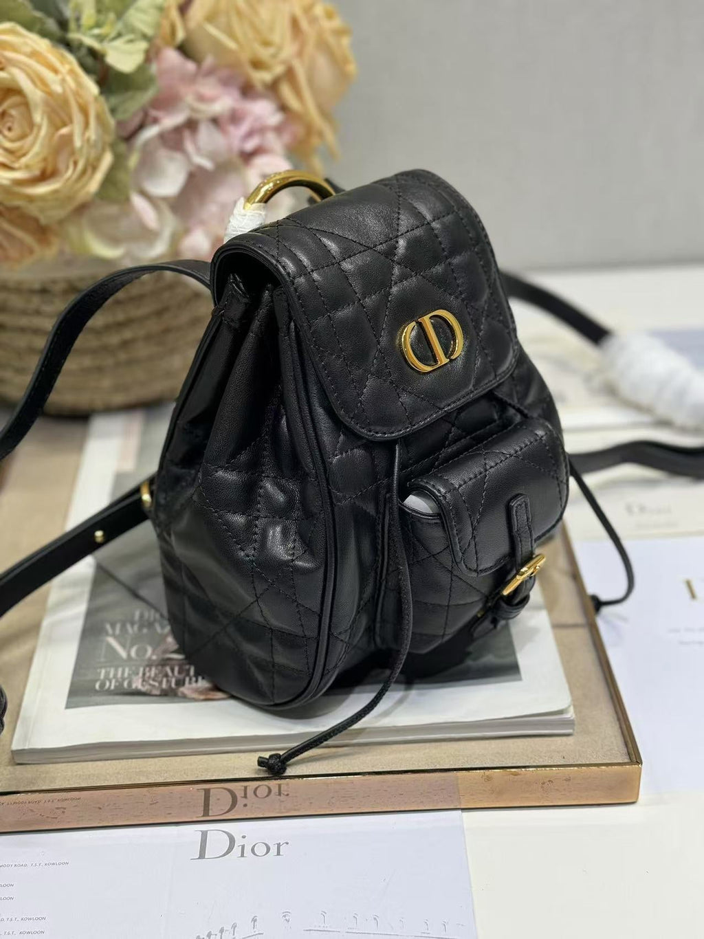DIOR SMALL CARO BACKPACK 20 IN BLACK MACROCANNAGE LAMBSKIN