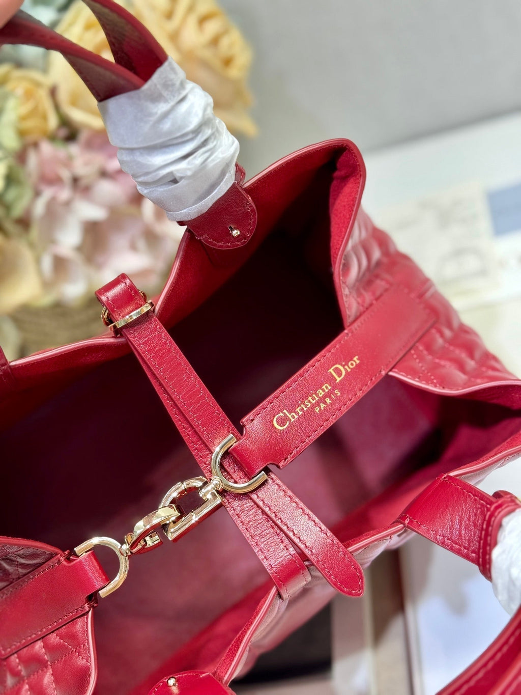 DIOR SMALL 28 TOUJOURS BAG IN RUBY RED MACROCANNAGE LAMBSKIN