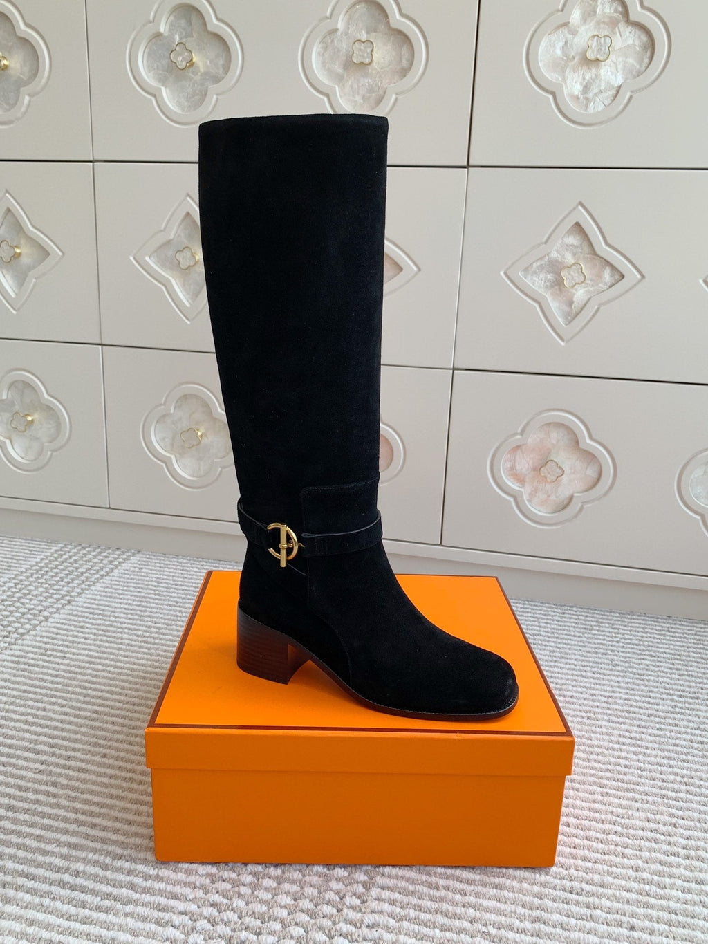 HERMES 25S TALL BOOTS 50 MM IN BLACK SUEDE WITH GOLD HARDWARE