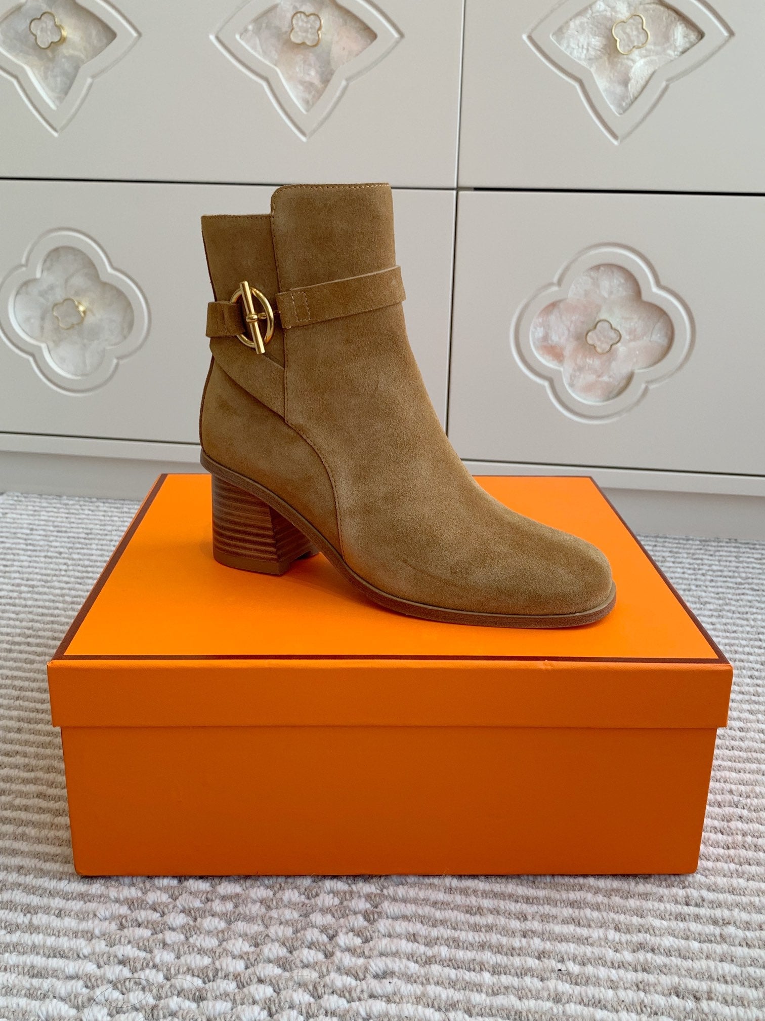 HERMES 25S ANKLE BOOTS 50 MM IN BROWN SUEDE WITH GOLD HARDWARE