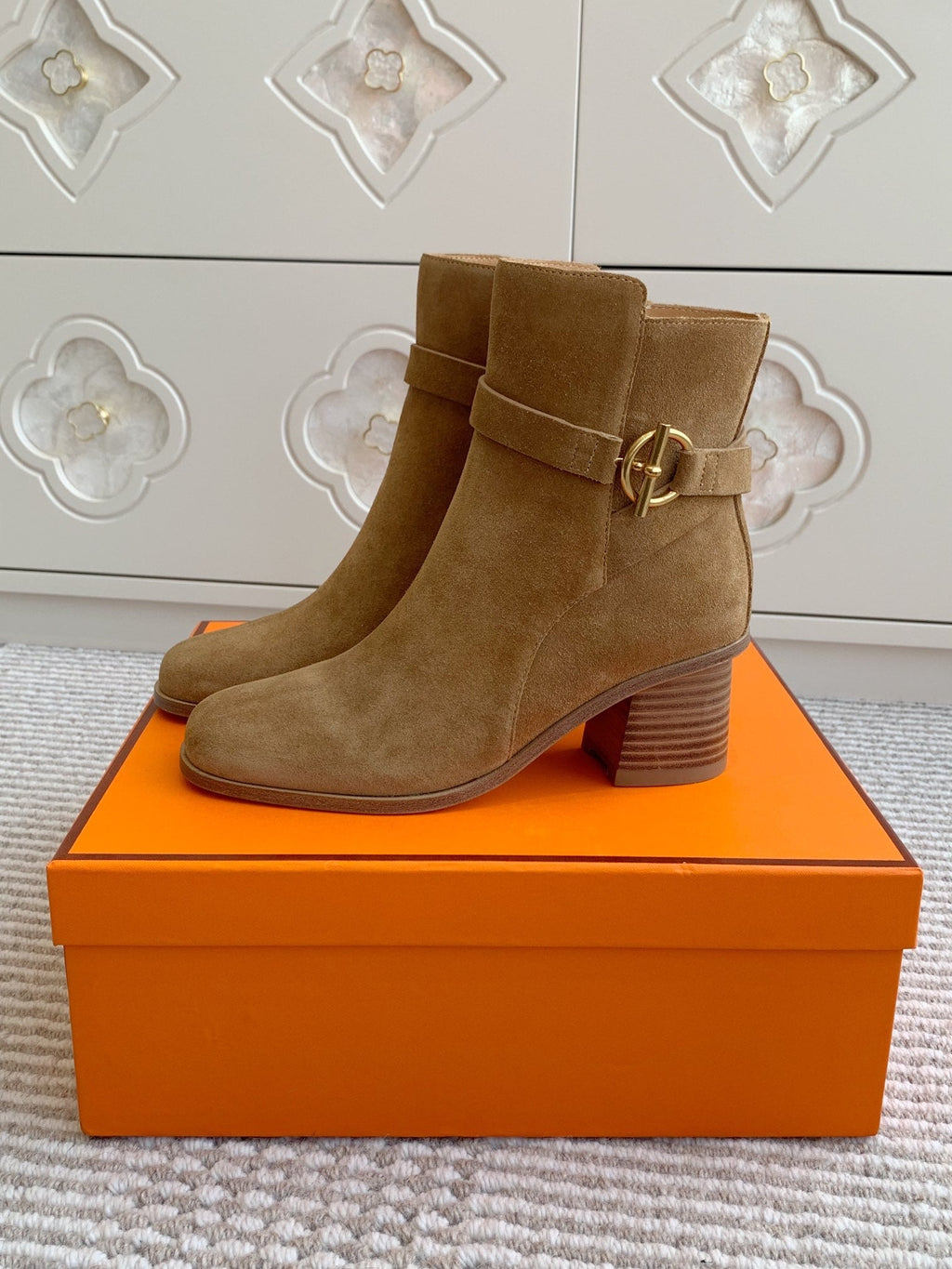 HERMES 25S ANKLE BOOTS 50 MM IN BROWN SUEDE WITH GOLD HARDWARE