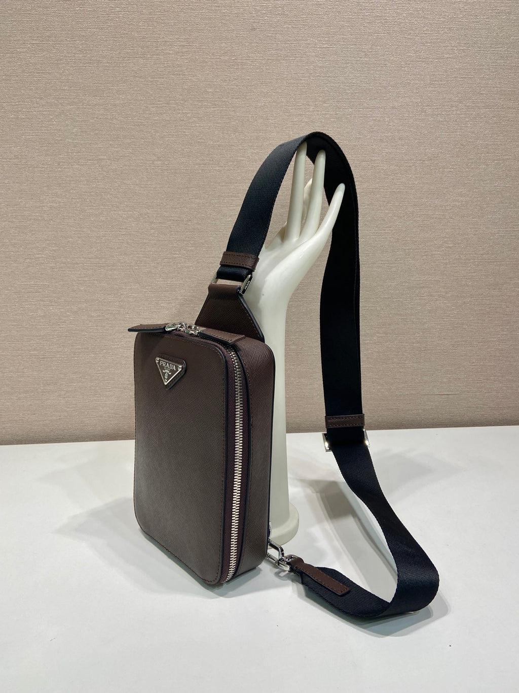PRADA CHEST BAG 20 IN CHOCOLATE SAFFIANO LEATHER