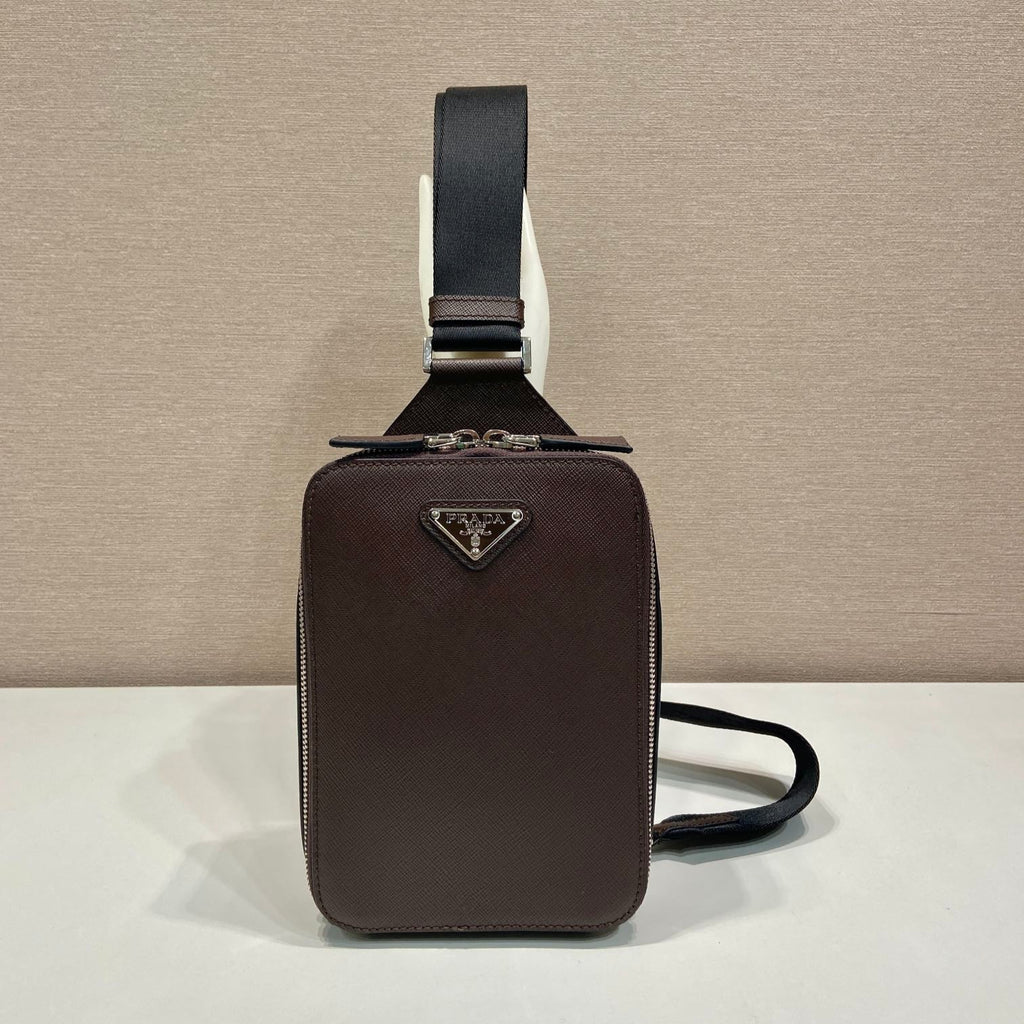 PRADA CHEST BAG 20 IN CHOCOLATE SAFFIANO LEATHER