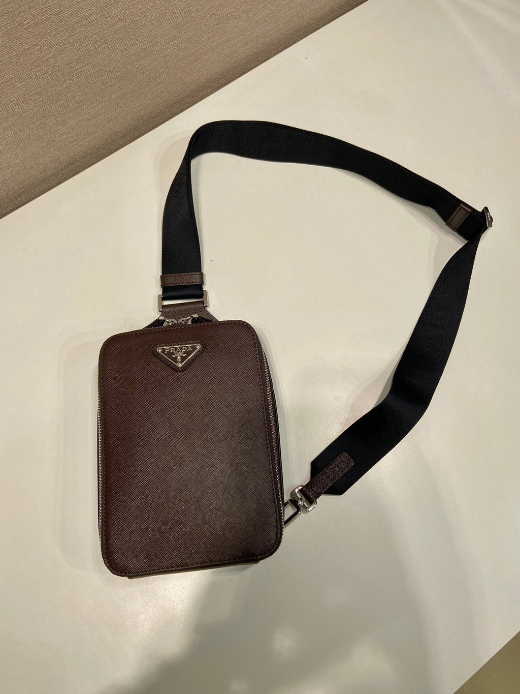 PRADA CHEST BAG 20 IN CHOCOLATE SAFFIANO LEATHER