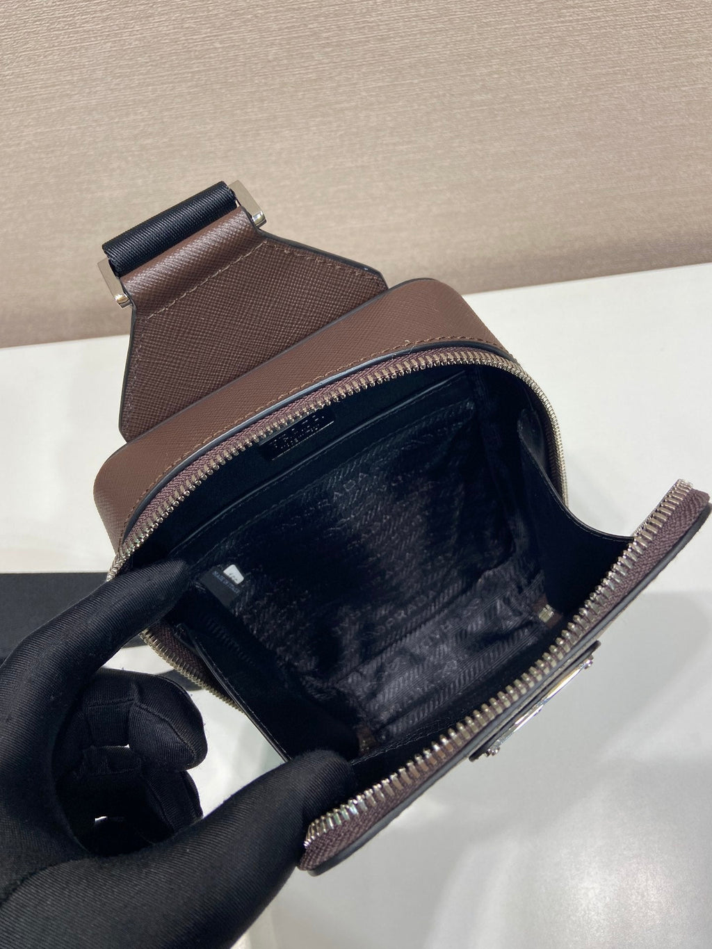 PRADA CHEST BAG 20 IN CHOCOLATE SAFFIANO LEATHER