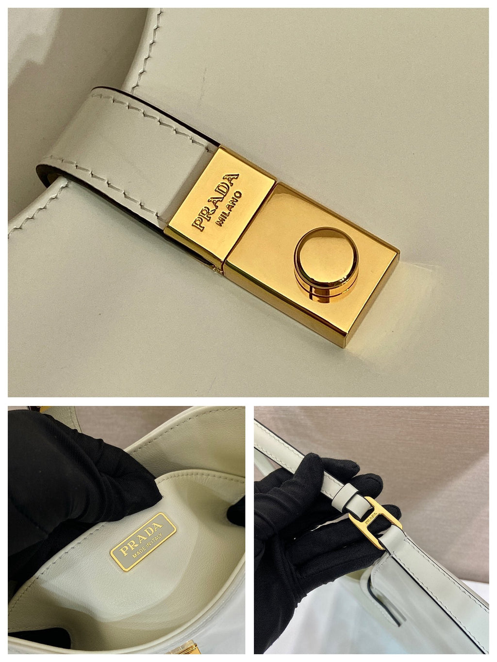 PRADA CLEO SHOULDER BAG 22 IN WHITE BRUSHED LAMBSKIN WITH CLASP CLOSURE