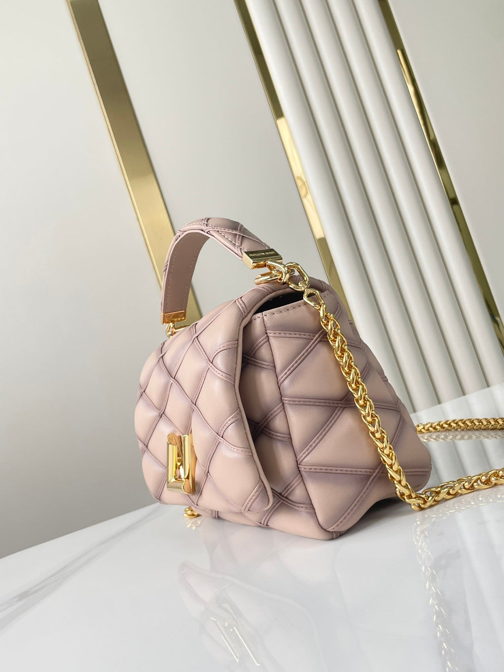 LOUIS VUITTON GO-14 MM 23 IN LIGHT PINK QUILTED LAMBSKIN GOLD HARDWRE