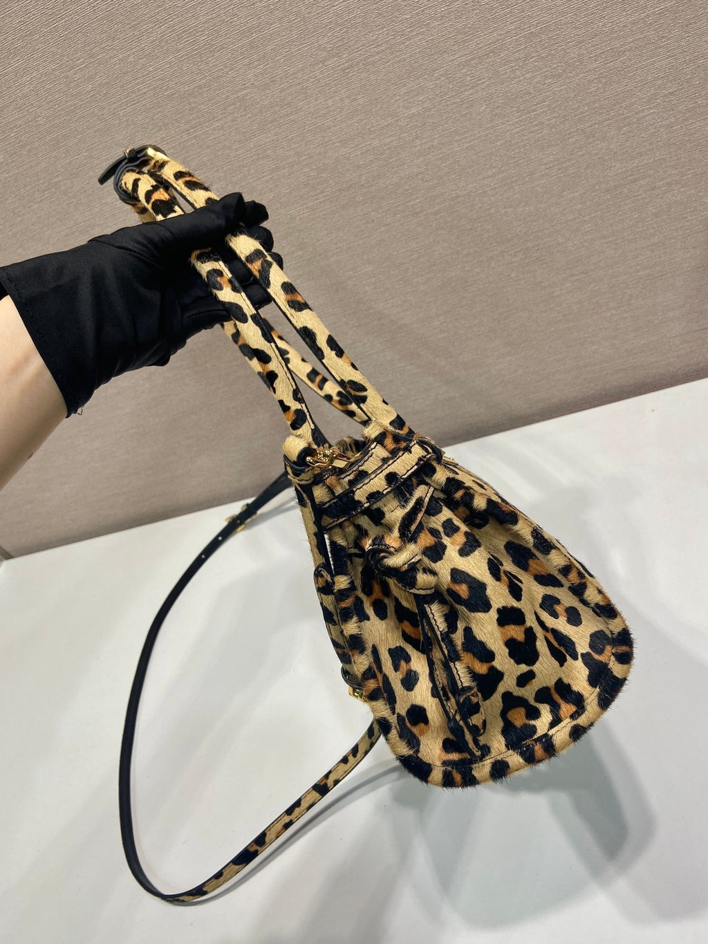 PRADA TOP HANDLE BAG 32 IN LEOPARD PRINT LEATHER