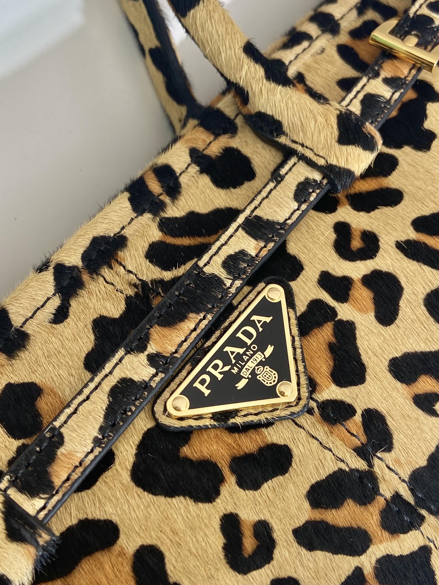 PRADA TOP HANDLE BAG 32 IN LEOPARD PRINT LEATHER