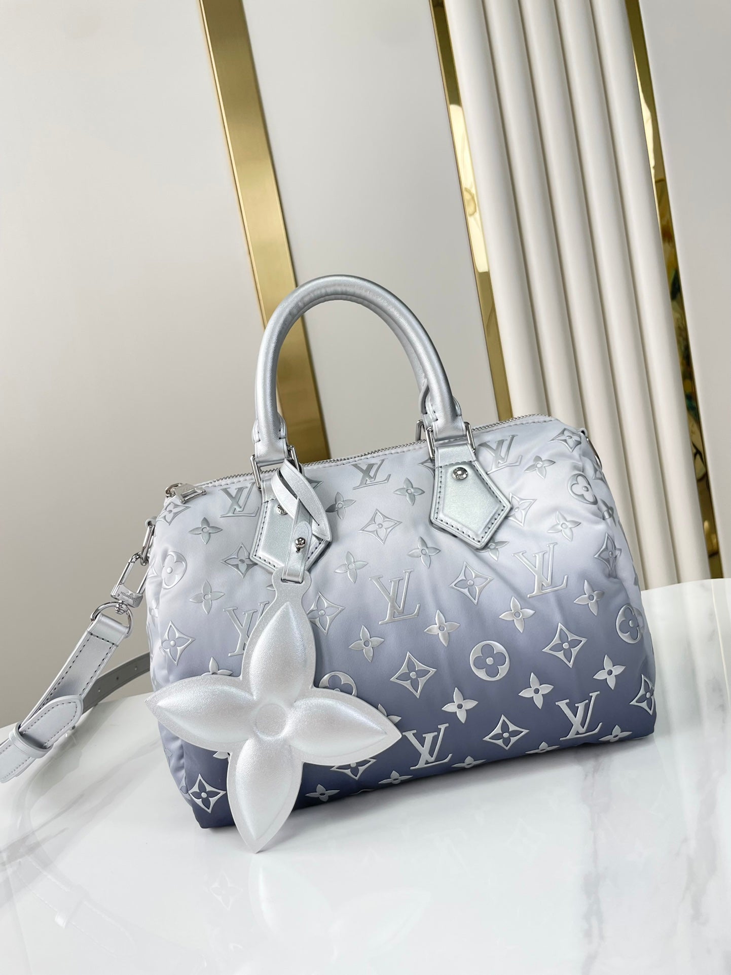 LOUIS VUITTON SPEEDY BANDOULIÈRE 25 IN GRADIENT SILVER MONOGRAM NYLON SILVER HARDWARE