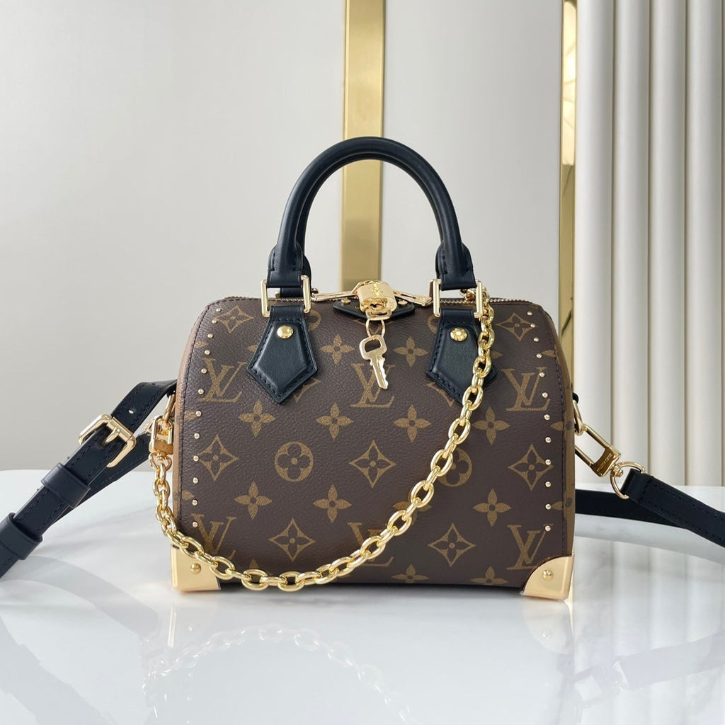 LOUIS VUITTON SPEEDY TRUNK 20 IN BROWN MONOGRAM CANVAS AND BLACK CALFSKIN TRIM GOLD BUCKLE