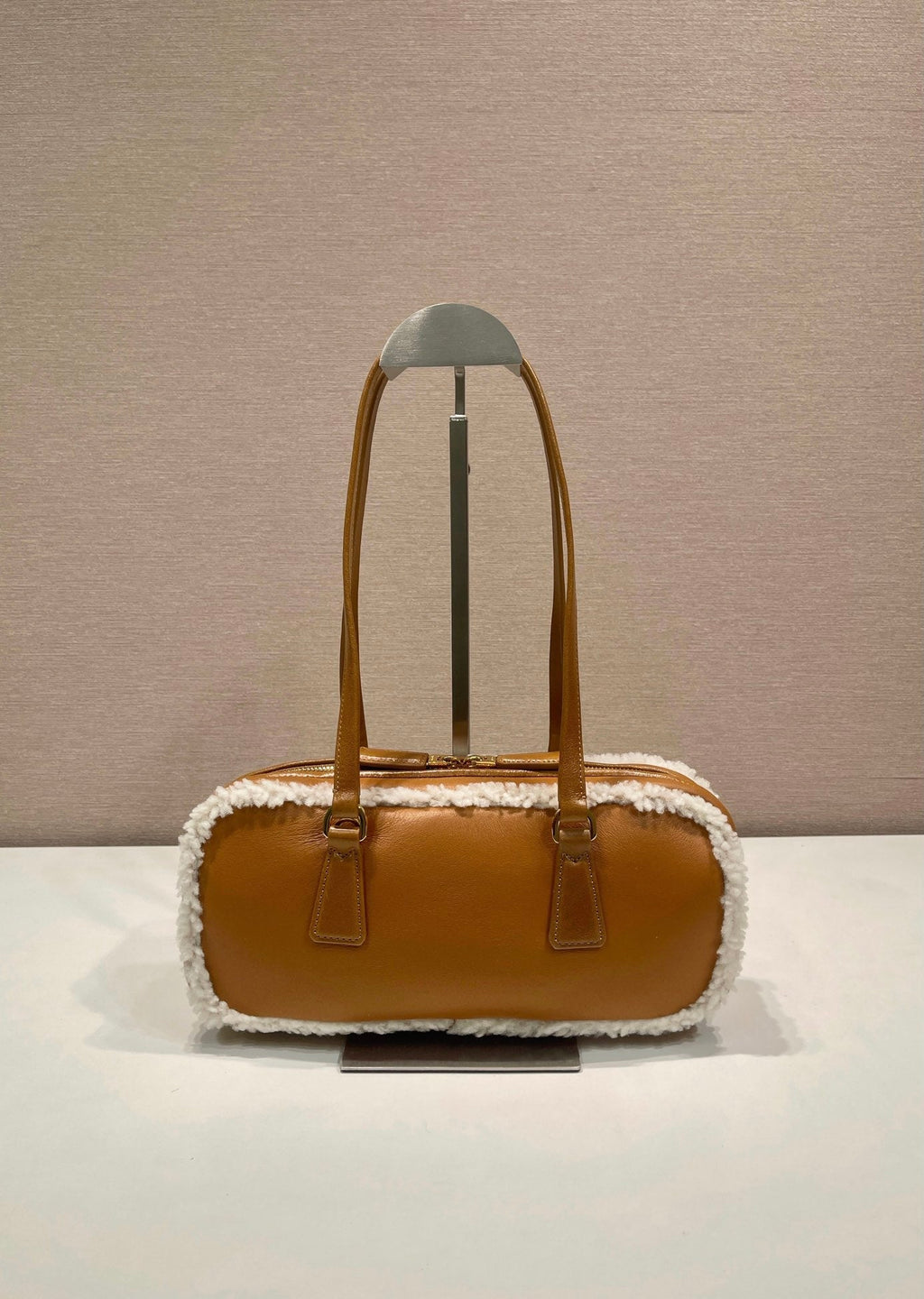 PRADA TOP HANDLE BAG 27 IN BRONZE BROWN SHEEPSKIN AND SHEARLING TRIM