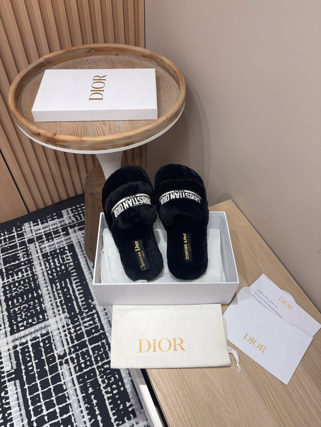 DIOR THICK-SOLE SLIPPERS BLACK SHEARLING WITH EMBROIDERED LOGO