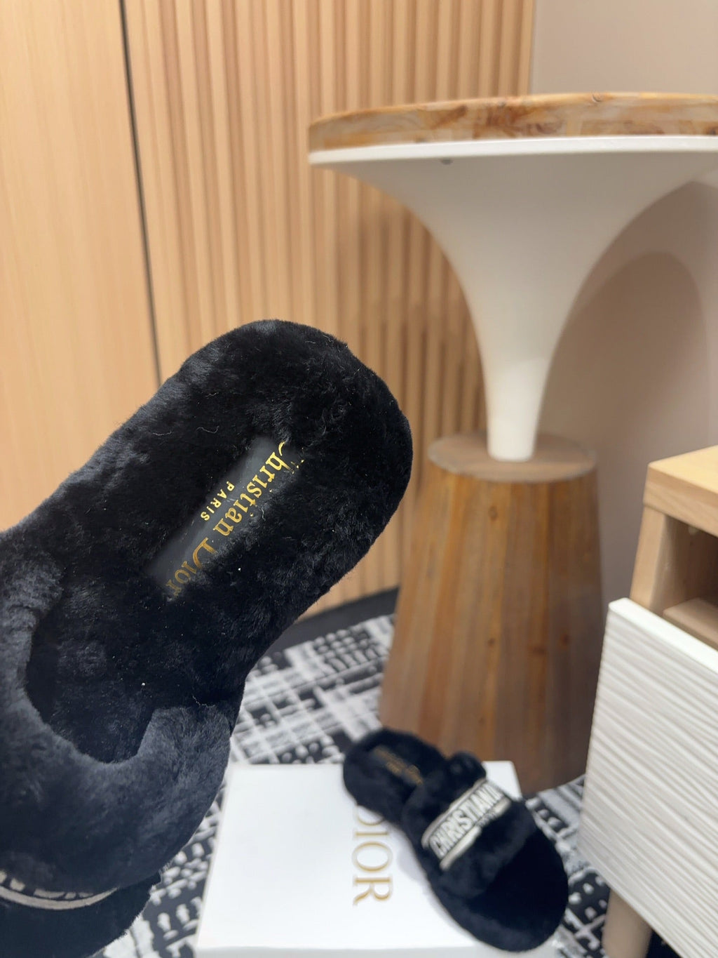 DIOR THICK-SOLE SLIPPERS BLACK SHEARLING WITH EMBROIDERED LOGO