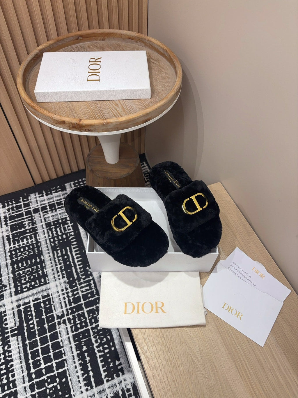 DIOR THICK-SOLE SLIPPER IN BLACK FLEECE WITH GOLD LOGO