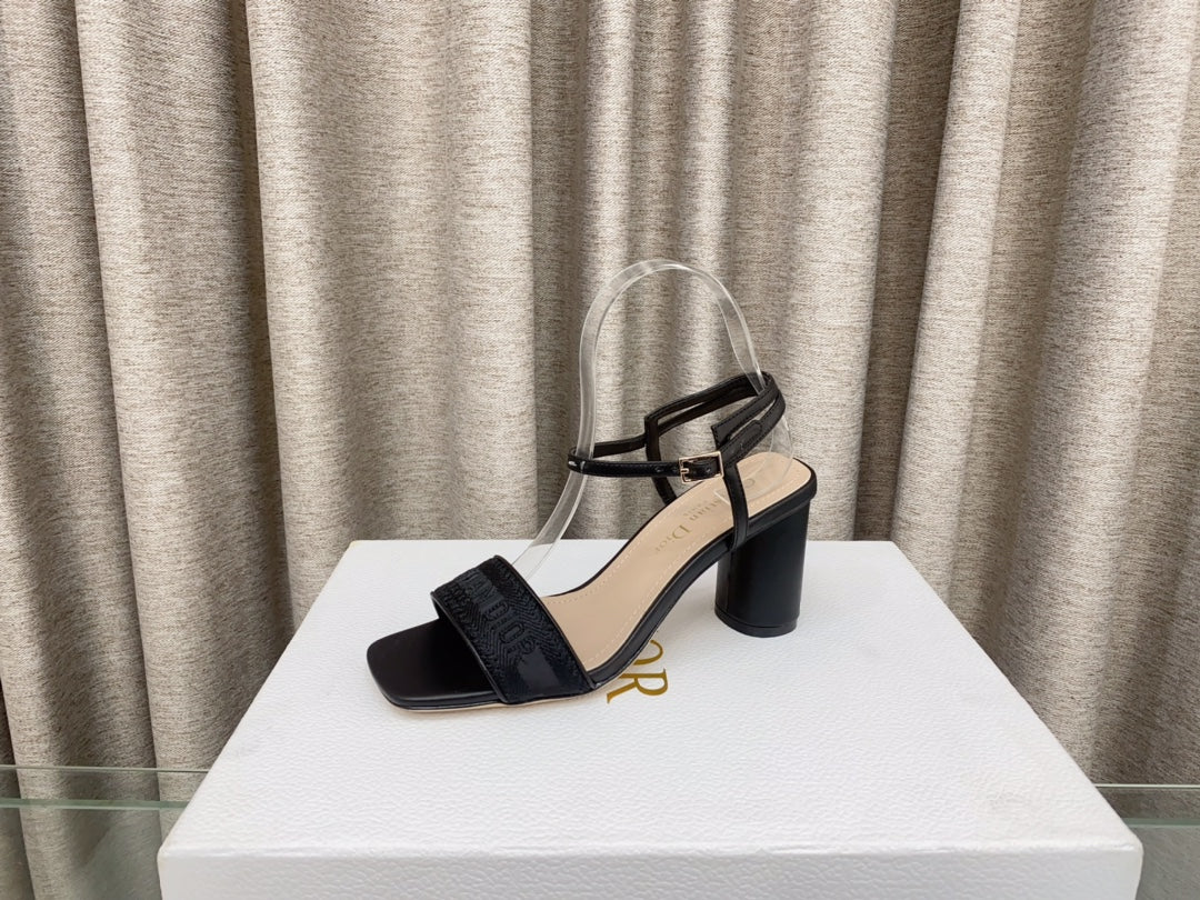 DIOR DWAY HIGH HEEL EMBROIDERED SANDAL BLACK CALFSKIN 75 MM