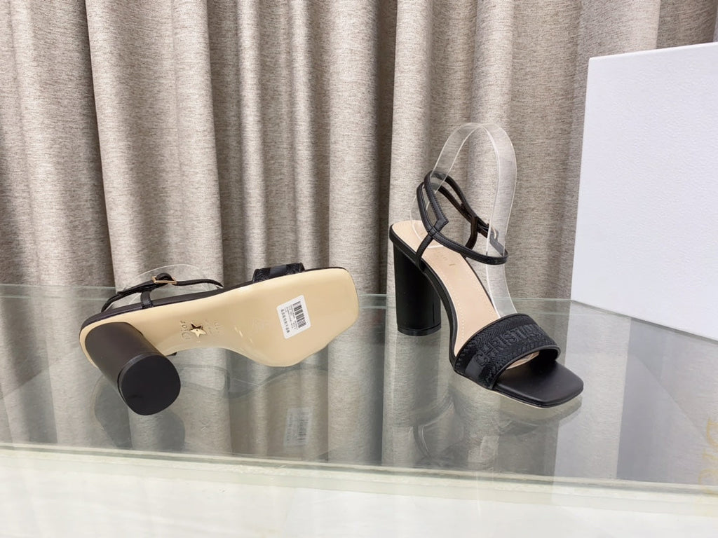 DIOR DWAY HIGH HEEL EMBROIDERED SANDAL BLACK CALFSKIN 95 MM