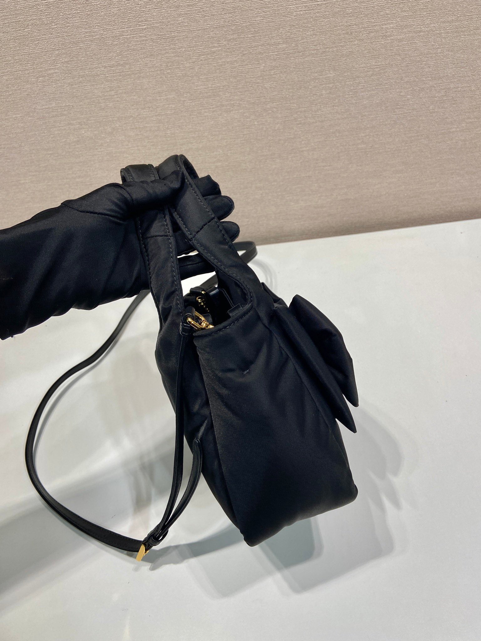 PRADA MINI BOW TOTE BAG 18 IN BLACK PADDED NYLON FABRIC