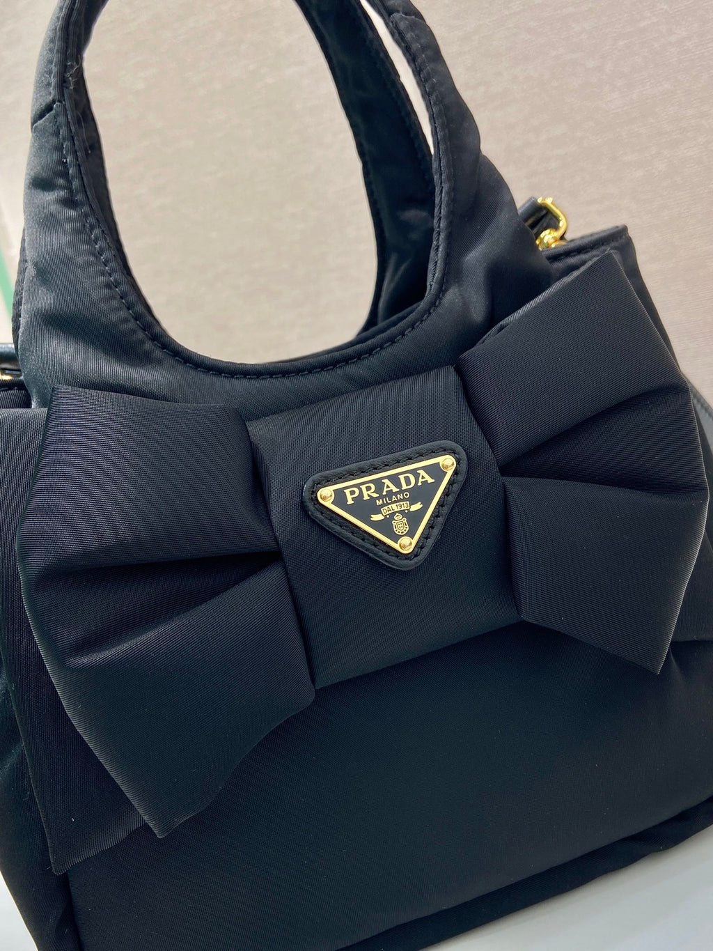 PRADA MINI BOW TOTE BAG 18 IN BLACK PADDED NYLON FABRIC
