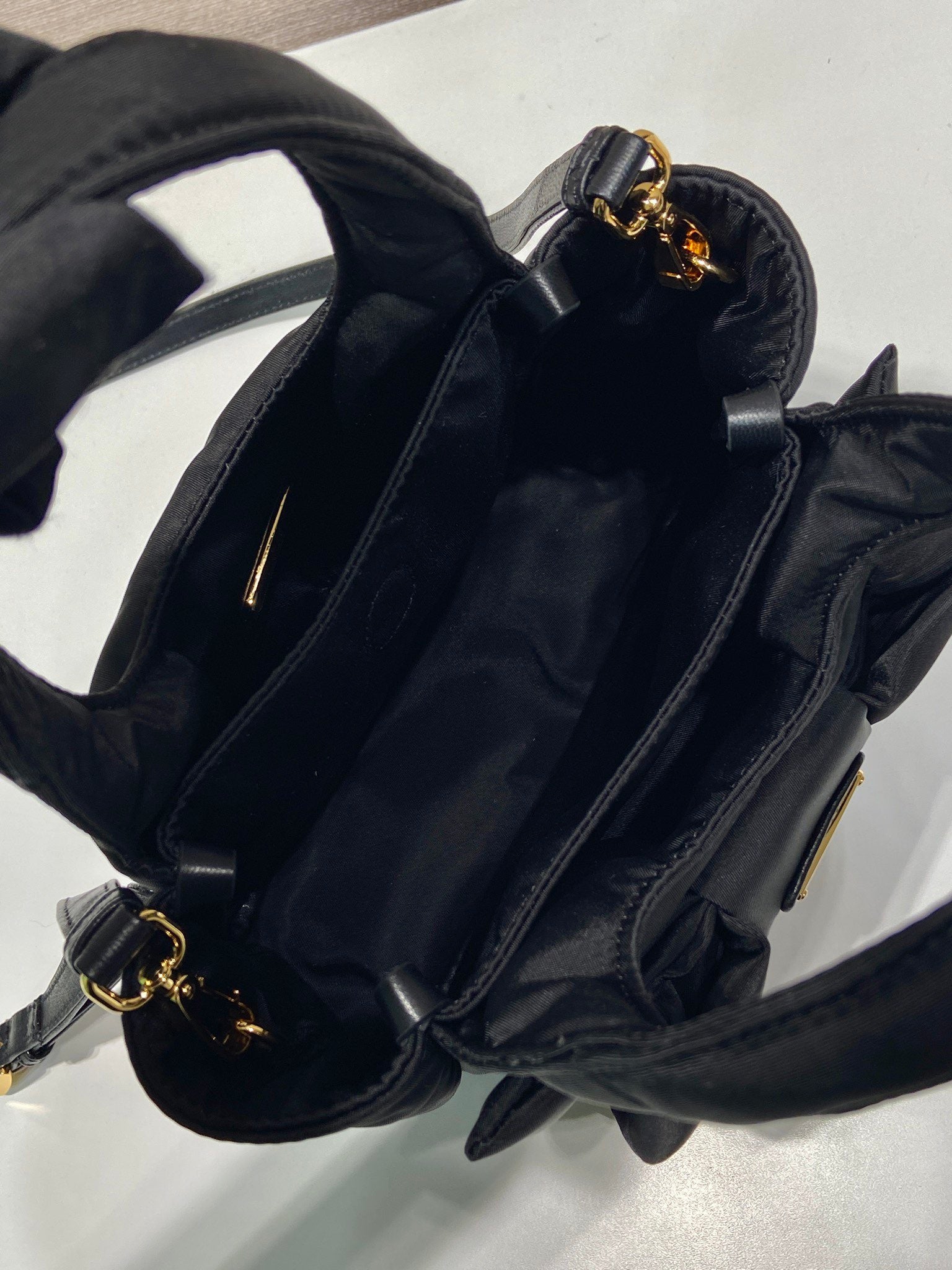 PRADA MINI BOW TOTE BAG 18 IN BLACK PADDED NYLON FABRIC