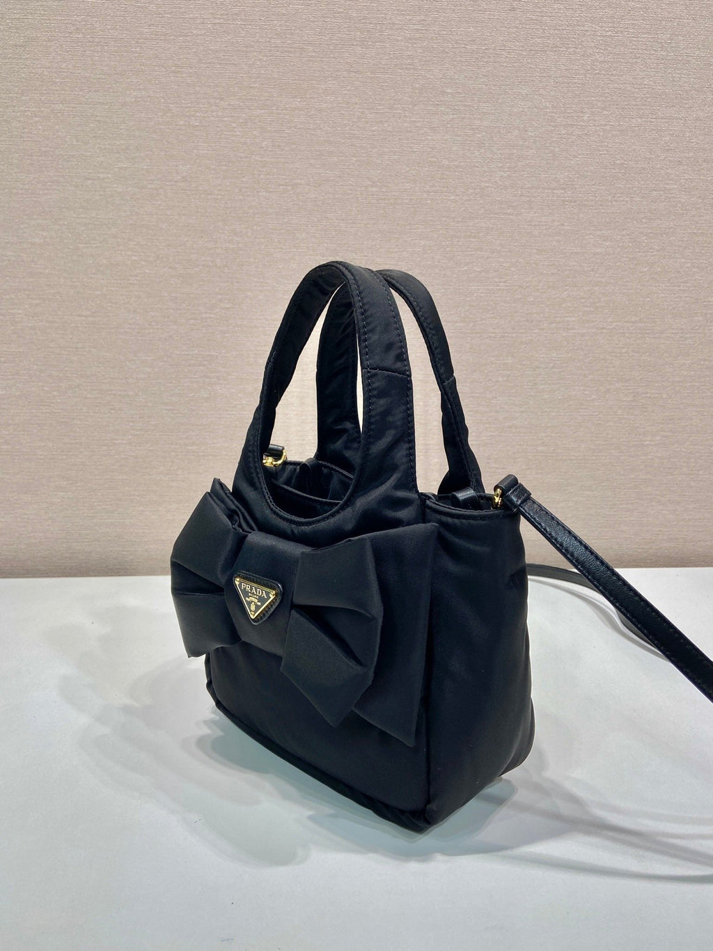 PRADA MINI BOW TOTE BAG 18 IN BLACK PADDED NYLON FABRIC