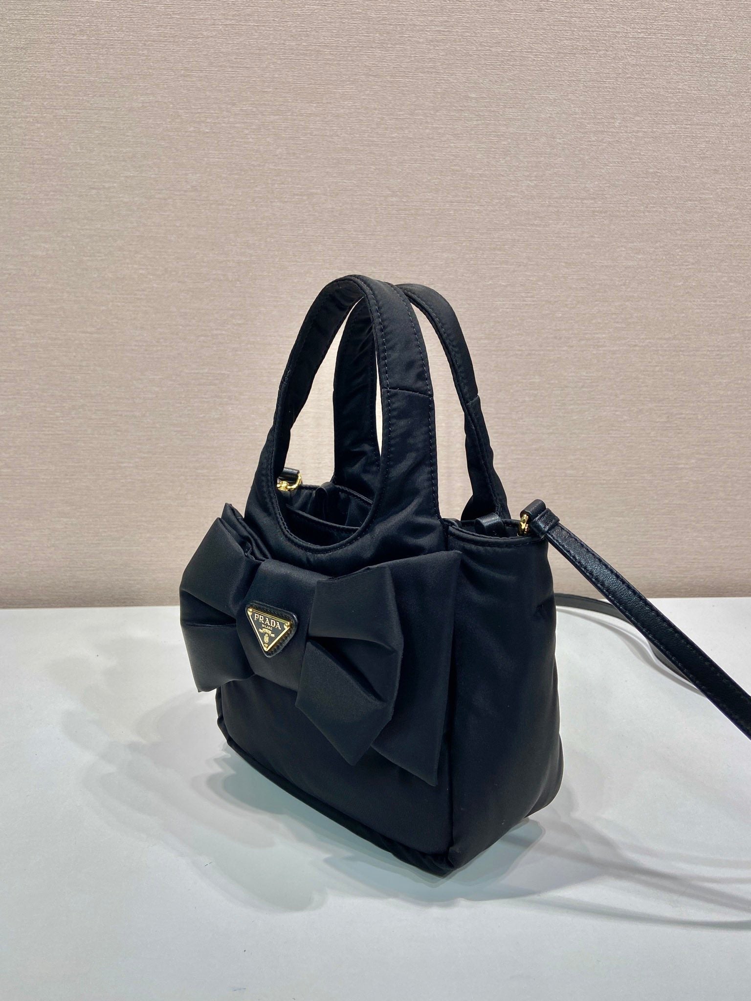 PRADA MINI BOW TOTE BAG 18 IN BLACK PADDED NYLON FABRIC
