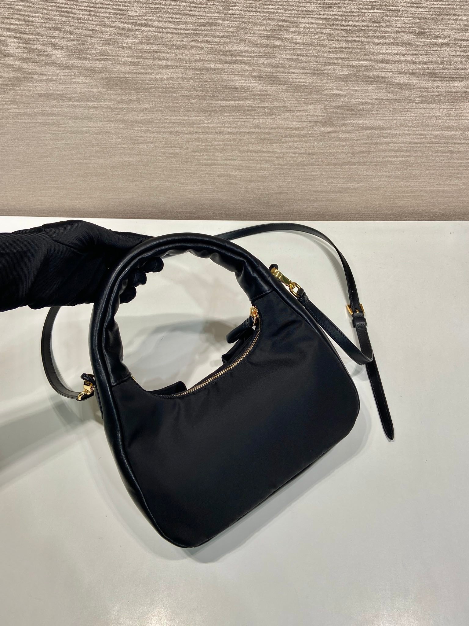 PRADA BOW HOBO BAG 22 IN BLACK RE-NYLON AND LAMBSKIN