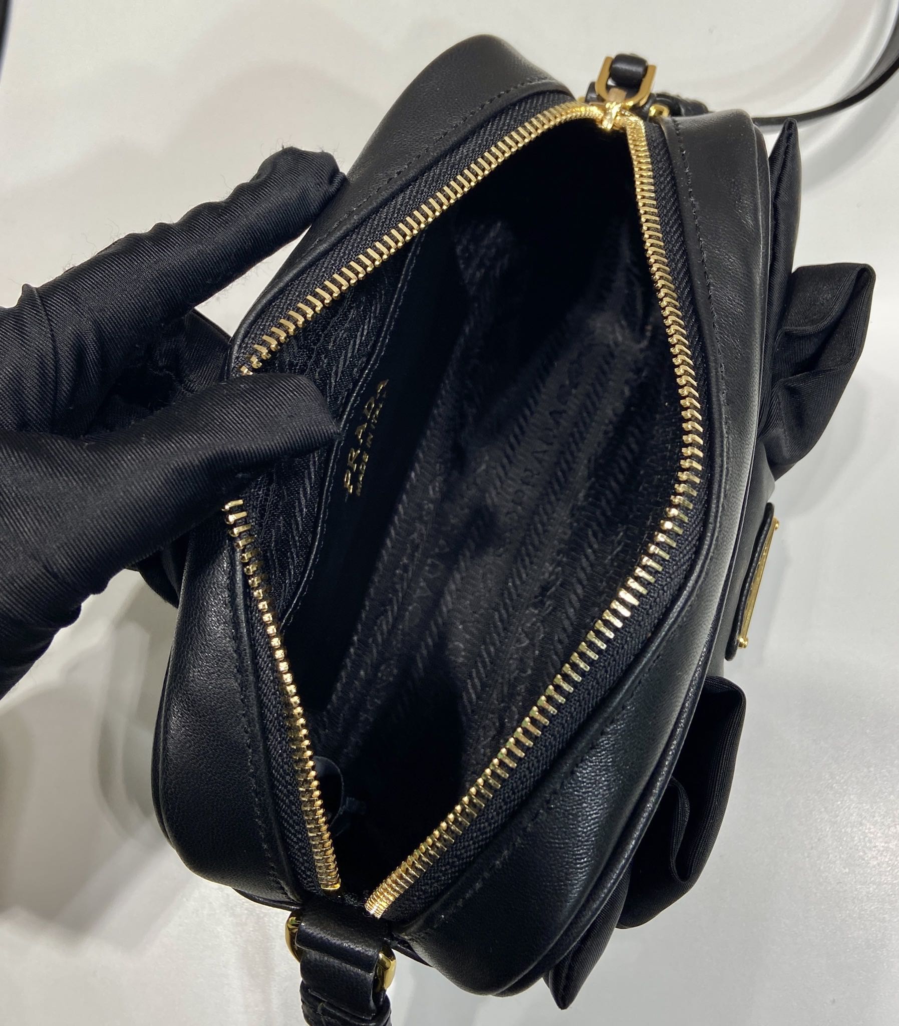 PRADA BOW BAG 18 IN BLACK RE-NYLON AND LAMBSKIN