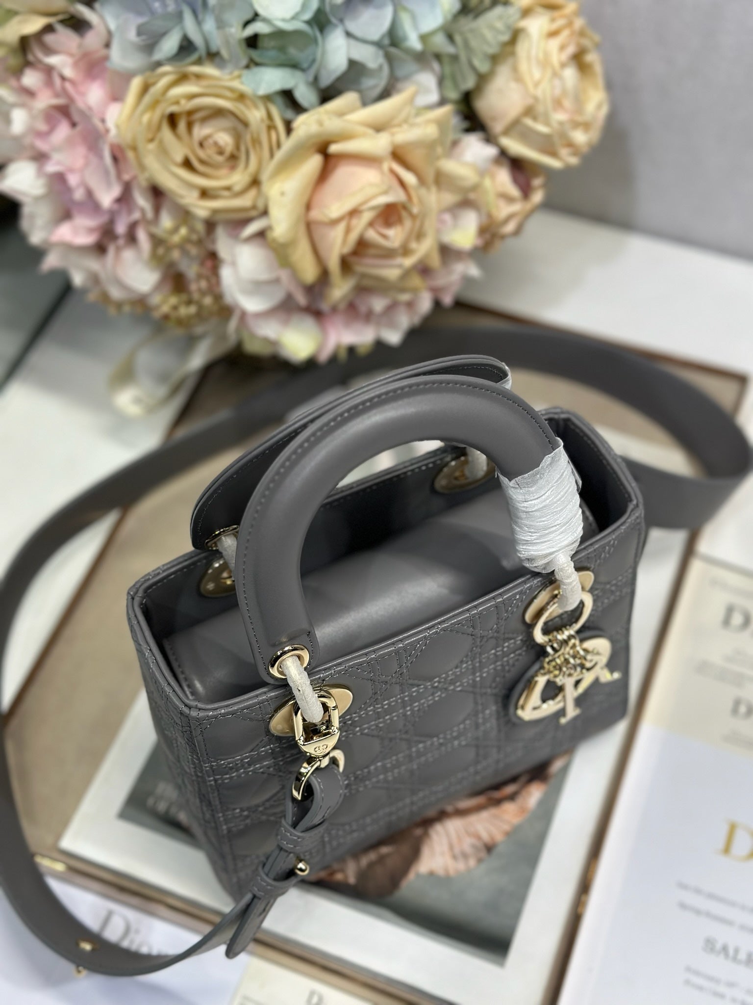 DIOR LADY SMALL BAG 20 IN GREY MACROCANNAGE LAMBSKIN GOLD HARDWARE