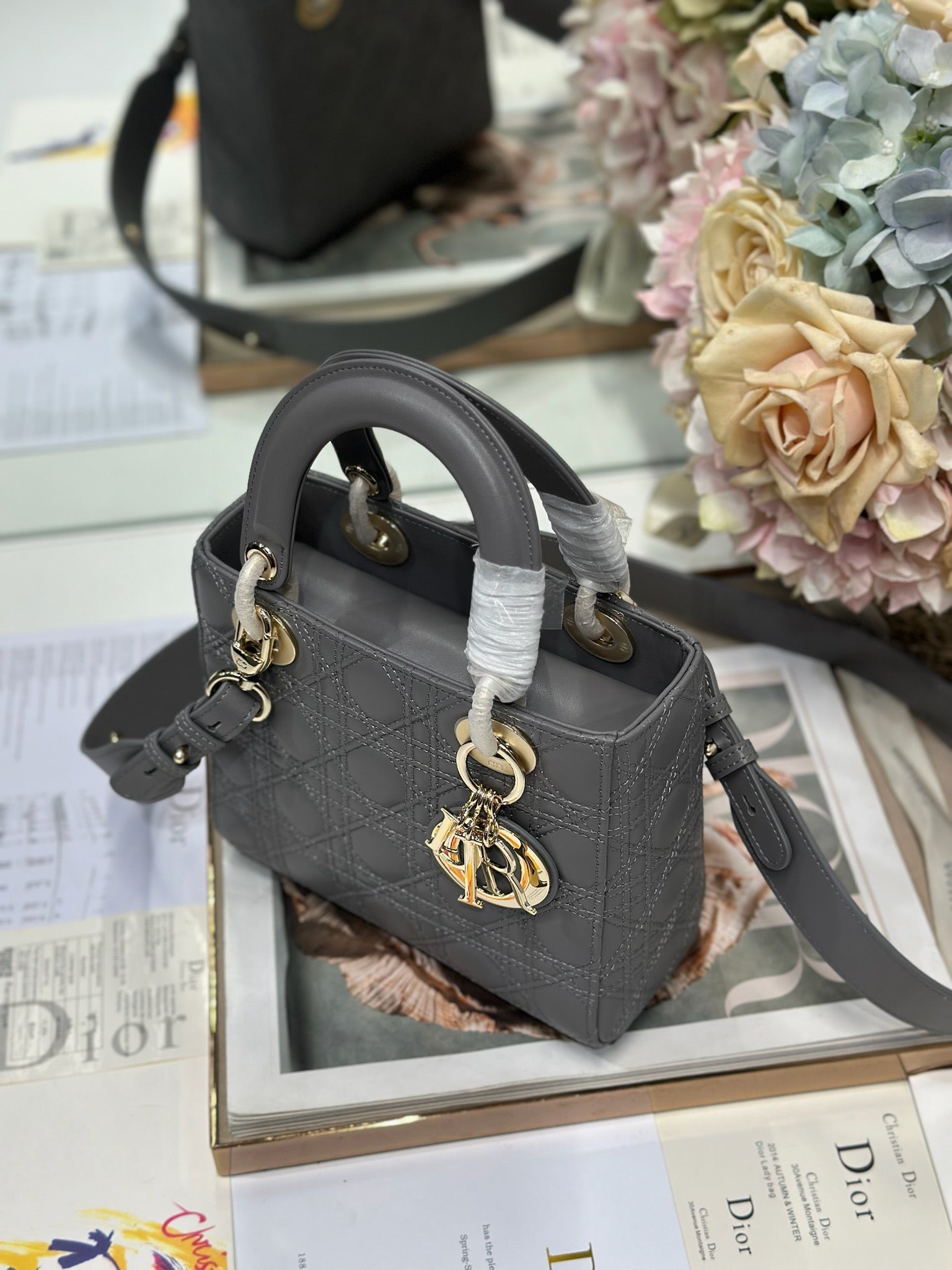 DIOR LADY SMALL BAG 20 IN GREY MACROCANNAGE LAMBSKIN GOLD HARDWARE