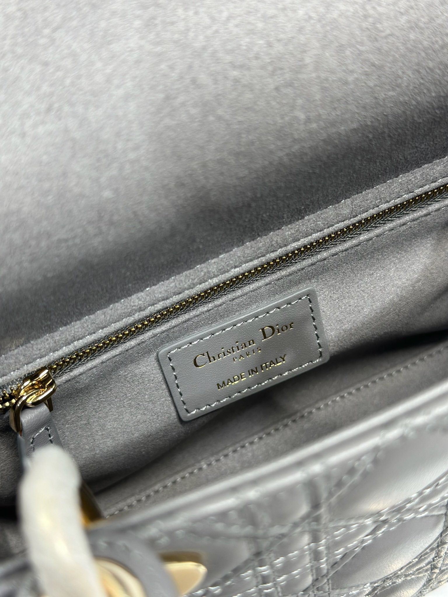 DIOR LADY SMALL BAG 20 IN GREY MACROCANNAGE LAMBSKIN GOLD HARDWARE