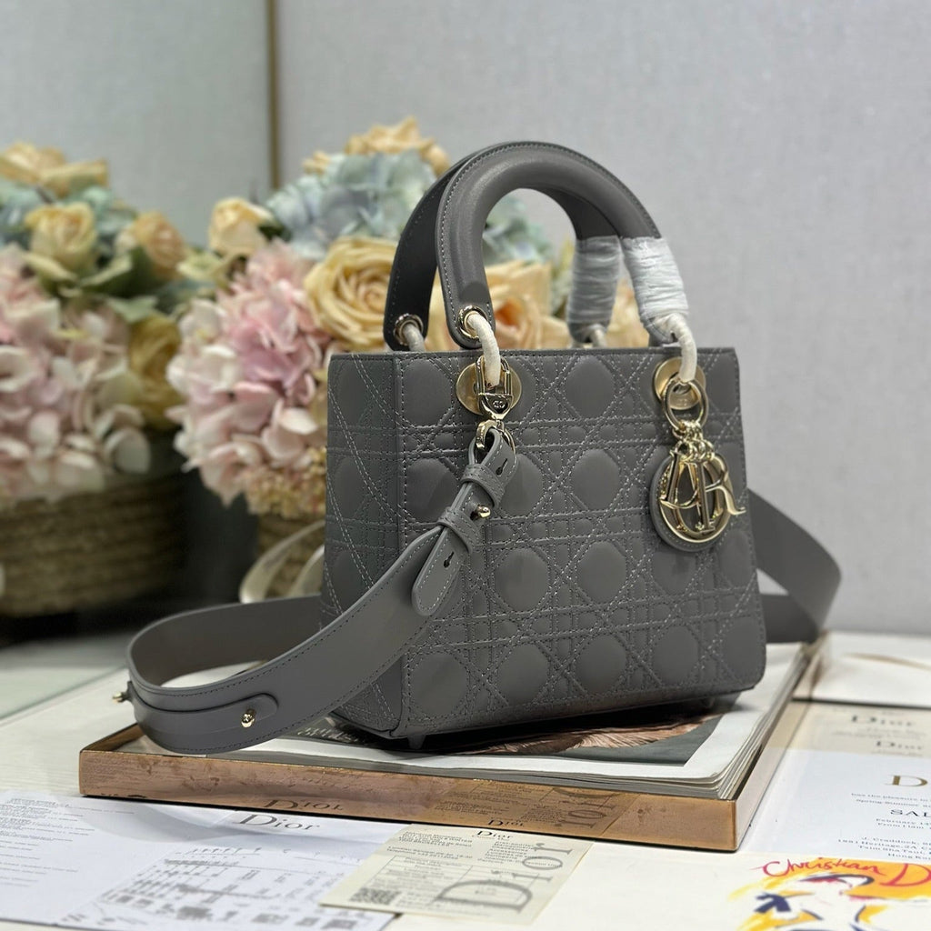 DIOR LADY SMALL BAG 20 IN GREY MACROCANNAGE LAMBSKIN GOLD HARDWARE