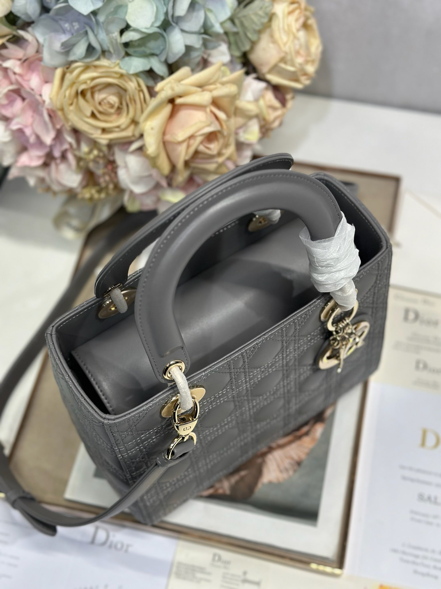 DIOR LADY SMALL BAG 24 IN GREY MACROCANNAGE LAMBSKIN GOLD HARDWARE