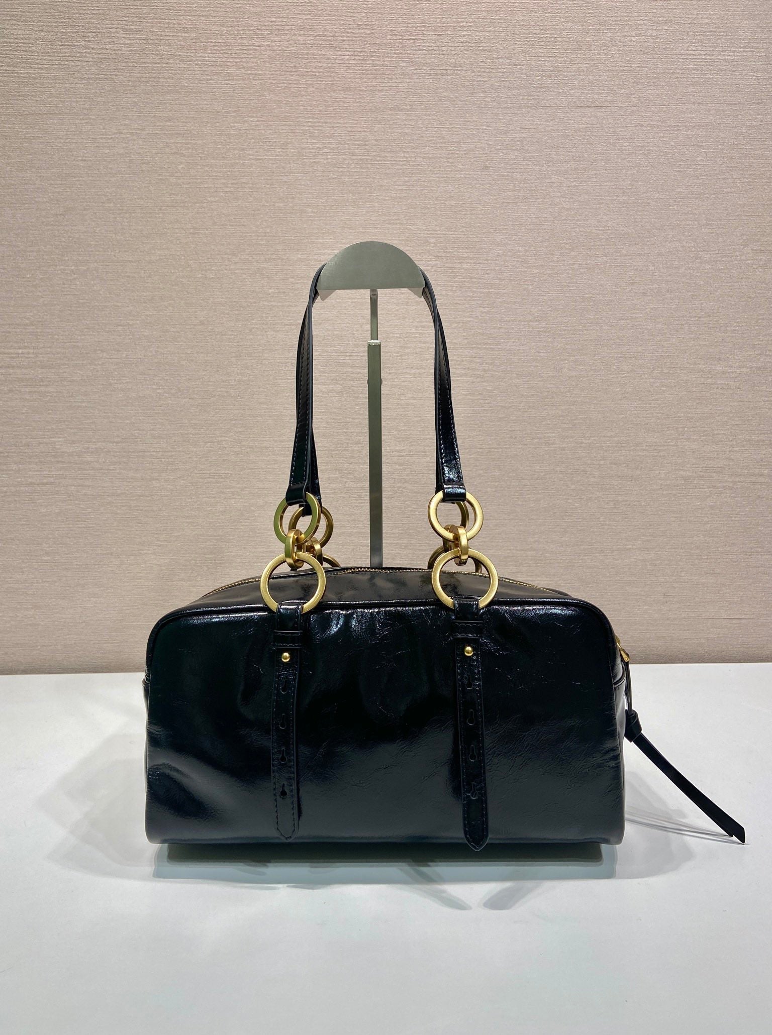 PRADA LARGE RECTANGULAR BAG 30 IN BLACK OIL WAX LAMBSKIN GOLD HARDWARE