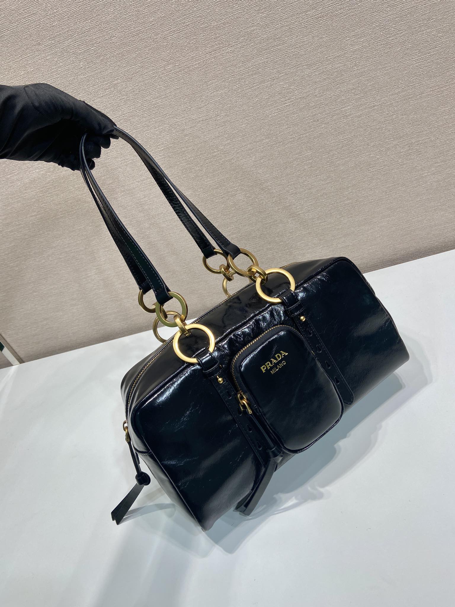PRADA LARGE RECTANGULAR BAG 30 IN BLACK OIL WAX LAMBSKIN GOLD HARDWARE